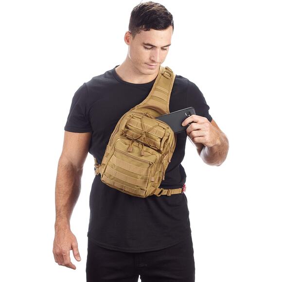 New Tan Small Tactical Shoulder Sling Pack Outdoor Hiking Bag - Picture 2 of 10